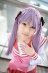 cosplay hiiragi_kagami lucky_star merino_moko pleated_skirt purple_hair sailor_uniform school_uniform skirt twintails rating:Safe score:1 user:nil!