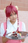 apron bannō_bunka_nekomusume blouse cosplay eko_(ii) hair_buns nuku_nuku pink_hair serving_tray twin_braids waitress waitress_uniform rating:Safe score:0 user:pixymisa
