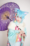 animal_ears aqua_hair cat_ears cosplay ely elysion shinon_(sao) sword_art_online umbrella yukata rating:Safe score:0 user:nil!