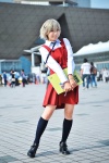 aoki blonde_hair blouse cosplay hidamari_sketch kneesocks pleated_skirt school_uniform skirt vest yuno_(hidamari_sketch) rating:Safe score:0 user:Log