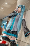 aqua_hair ayata blouse boots cosplay detached_sleeves hatsune_miku headset pleated_skirt skirt thigh_boots thighhighs tie twintails vocaloid zettai_ryouiki rating:Safe score:0 user:nil!
