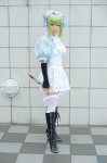 apron boots cosplay dress elbow_gloves fingerless_gloves gloves green_hair hairband knife maid maid_uniform shinsyou_mikan tagme_character thighhighs zettai_ryouiki zone-00 rating:Safe score:1 user:nil!