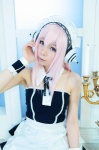 apron cosplay dress hairband headphones maid maid_uniform nitro_super_sonic pink_hair rinrinko super_soniko rating:Safe score:1 user:nil!