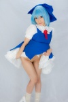blouse blue_hair bottomless cirno cosplay dress_lift hairbow jumper lenfried socks touhou rating:Questionable score:4 user:nil!
