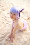 ass ayane_(doa) beach cleavage cosplay dead_or_alive headband ocean one-piece_swimsuit purple_hair swimsuit tachibana_minami rating:Safe score:0 user:nil!