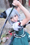 blouse cosplay jigoku_yuugi katana konpaku_youmu miniskirt silver_hair skirt sword touhou vest rating:Safe score:0 user:nil!