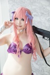 bikini cosplay grey_eyes gun hairbows matsuri_(iii) pink_hair ran_(urusei_yatsura) rifle swimsuit urusei_yatsura wristband rating:Safe score:1 user:pixymisa