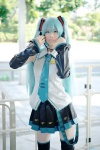 aqua_hair blouse cosplay detached_sleeves hatsune_miku headset pleated_skirt popuri skirt thighhighs tie twintails vocaloid zettai_ryouiki rating:Safe score:1 user:nil!