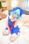 bed blouse blue_hair cirno cosplay hairbow jumper shizuku socks touhou rating:Safe score:1 user:nil!
