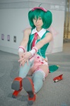 bow collar cosplay cuffs garter_straps green_hair hairbow macross macross_frontier microphone miki ranka_lee red_eyes shorts thighhighs tie twintails vest rating:Safe score:1 user:pixymisa