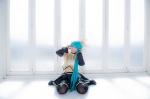 aqua_hair black_legwear cosplay croptop detached_sleeves hairbow hatsune_miku mashiro_yuki pleated_skirt ponytail project_diva skirt thighhighs vocaloid rating:Safe score:0 user:nil!