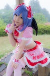 blouse blue_hair bonnet bow cleavage cosplay croptop half_skirt_open_front lenfried remilia_scarlet thighhighs touhou wings rating:Safe score:0 user:nil!