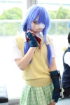 blouse blue_hair cosplay eyepatch fingerless_gloves ikkitousen kagami_sou pleated_skirt ryomou_shimei school_uniform skirt sweater_vest twintails rating:Safe score:0 user:nil!