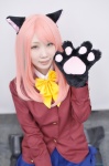 animal_ears blazer blouse boots cat_ears cosplay hashimoto_nyaa multi-colored_hair osomatsu-kun osomatsu-san paw_gloves pleated_skirt school_uniform skirt you_(ii) rating:Safe score:0 user:nil!