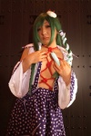 blouse bound cleavage cosplay detached_sleeves green_hair hanamura_misaki kochiya_sanae miko open_clothes rope skirt touhou touhou_kinbauchou rating:Safe score:0 user:nil!