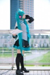aqua_hair ayaki blouse cosplay detached_sleeves hatsune_miku headset pleated_skirt skirt thighhighs tie twintails vocaloid zettai_ryouiki rating:Safe score:2 user:nil!