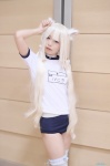 animal_ears blonde_hair buruma cat_ears choker cosplay gym_uniform ichinose_yukino nekopara pantyhose sheer_legwear shorts thighhighs tshirt twintails vanilla_(sayori) white_legwear rating:Questionable score:1 user:nil!