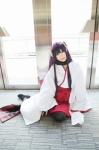 black_legwear cosplay hakama_skirt haori horns inu_boku_secret_service purple_eyes purple_hair shii shirakiin_ririchiyo thighhighs rating:Safe score:0 user:pixymisa