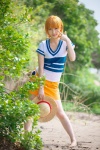 beach cosplay kuuya miniskirt nami_(one_piece) one_piece orange_hair skirt straw_hat tshirt rating:Safe score:1 user:nil!