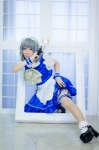 apron cosplay dress garter hairband izayoi_sakuya knives maid maid_uniform maropapi silver_hair socks touhou twin_braids rating:Safe score:1 user:nil!