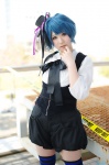 blouse blue_hair cosplay original saori shorts striped thighhighs top_hat vest rating:Safe score:0 user:nil!
