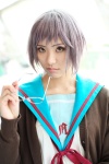cardigan cosplay glasses kneesocks nagato_yuki purple_hair sailor_uniform school_uniform suzumiya_haruhi_no_yuuutsu tamaki_shuri rating:Safe score:0 user:nil!