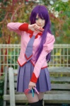bakemonogatari blouse cosplay pleated_skirt purple_hair school_uniform senjougahara_hitagi skirt thighhighs tie yuzunyan zettai_ryouiki rating:Safe score:1 user:nil!