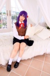 bed blouse cosplay fate/series fate/stay_night hair_ribbons matou_sakura purple_hair sachi_budou school_uniform skirt socks vest rating:Safe score:0 user:nil!