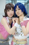 amami_haruka blazer blue_hair cosplay croptop hairbows idolmaster karin_(iv) kisaragi_chihaya minazuki_syoun miniskirt pleated_skirt skirt vest rating:Safe score:0 user:pixymisa