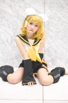 blonde_hair blouse cosplay detached_sleeves hairbow headset hiokichi kagamine_rin leggings pantyhose scarf shorts vocaloid rating:Safe score:1 user:pixymisa