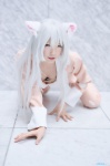 aki_(iv) animal_ears bakemonogatari cat_ears cleavage cosplay hanekawa_black hanekawa_tsubasa pajamas white_hair rating:Safe score:2 user:nil!