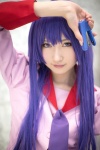 bakemonogatari blouse cosplay hiokichi purple_eyes purple_hair school_uniform senjougahara_hitagi tie rating:Safe score:3 user:pixymisa