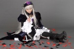 cosplay feathers kneehighs rose_petals rozen_maiden ruffles silver_hair suigintou suzukaze_yuuki rating:Safe score:1 user:nil!