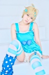 blonde_hair blue_eyes bow cosplay dress hakuhi_kaede kagamine_len leggings pettipants polka_dots striped thighhighs vocaloid rating:Questionable score:0 user:pixymisa