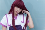akizuki_maria asami_uki blouse blue_eyes bow cosplay from_the_new_world purple_hair school_uniform rating:Safe score:1 user:pixymisa
