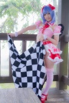 blouse blue_hair bonnet bow cosplay croptop half_skirt_open_front lenfried remilia_scarlet tail_plug thighhighs touhou wings rating:Safe score:3 user:nil!