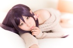 bed cosplay dress love_live!_school_idol_project onagi_mayu pantyhose purple_hair sheer_legwear sweater_dress toujou_nozomi twintails rating:Safe score:0 user:nil!