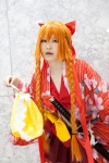 bows cosplay croptop hairbow hair_ribbons katana mitsuki_(ii) orange_hair original pleated_skirt skirt sword twin_braids yukata rating:Safe score:0 user:pixymisa