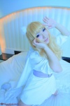 bed blonde_hair cape cosplay deep_rabbit dress macross macross_frontier macross_frontier:_itsuwari_no_utahime saku sheryl_nome thighhighs zettai_ryouiki rating:Safe score:0 user:nil!