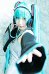 aqua_hair blouse cosplay detached_sleeves hatsune_miku headset hiroron tie twintails vocaloid rating:Safe score:1 user:nil!