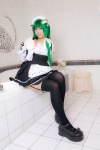 apron bathroom bathtub cosplay dress garter_belt green_hair hairband kochiya_sanae lenfried maid maid_uniform stuffed_animal thighhighs touhou zettai_ryouiki rating:Safe score:3 user:nil!