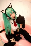 animal_ears aqua_hair blouse cat_ears cosplay ear_muffs hatsune_miku headset mittens project_diva ryuga suspenders tie trousers twintails vocaloid rating:Safe score:1 user:nil!