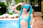 aqua_hair bikini_top cleavage cosplay hatsune_miku headset mashiro_yuki pool project_diva swimsuit twintails vocaloid rating:Safe score:0 user:nil!