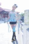 armband ayase_eri blonde_hair blue_legwear boots corset cosplay hello!_aki_love_live_vol_2_~bibi~ itsuki_akira love_live!_school_idol_project ponytail shorts single_thighhigh thighhighs rating:Safe score:1 user:nil!