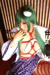 blouse bound cleavage cosplay detached_sleeves green_hair hanamura_misaki kochiya_sanae miko open_clothes rope skirt socks touhou touhou_kinbauchou rating:Safe score:0 user:nil!