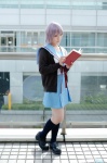 books cardigan cosplay kneesocks miniskirt nagato_yuki nagatsuki pleated_skirt purple_hair sailor_uniform school_uniform skirt suzumiya_haruhi_no_yuuutsu rating:Safe score:0 user:nil!