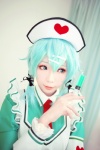apron aqua_hair cosplay dress ely elysion hairband nurse nurse_uniform shinon_(sao) sword_art_online syringe rating:Safe score:0 user:nil!