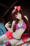 bed bikini cleavage cosplay fate/grand_order knives purple_hair saku sarong scathach_(fate/grand_order) shadow_queen side-tie_bikini swimsuit rating:Safe score:0 user:nil!