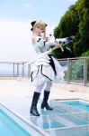armor blonde_hair boots braid cosplay detached_sleeves fate/series fate/stay_night gauntlets kamui_arisa pool red_moon saber skirt sword thighhighs rating:Safe score:0 user:nil!
