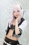 choker cosplay garter_belt headphones jacket nakko nitro_super_sonic panties pink_eyes pink_hair shorts super_soniko tubetop rating:Safe score:2 user:pixymisa